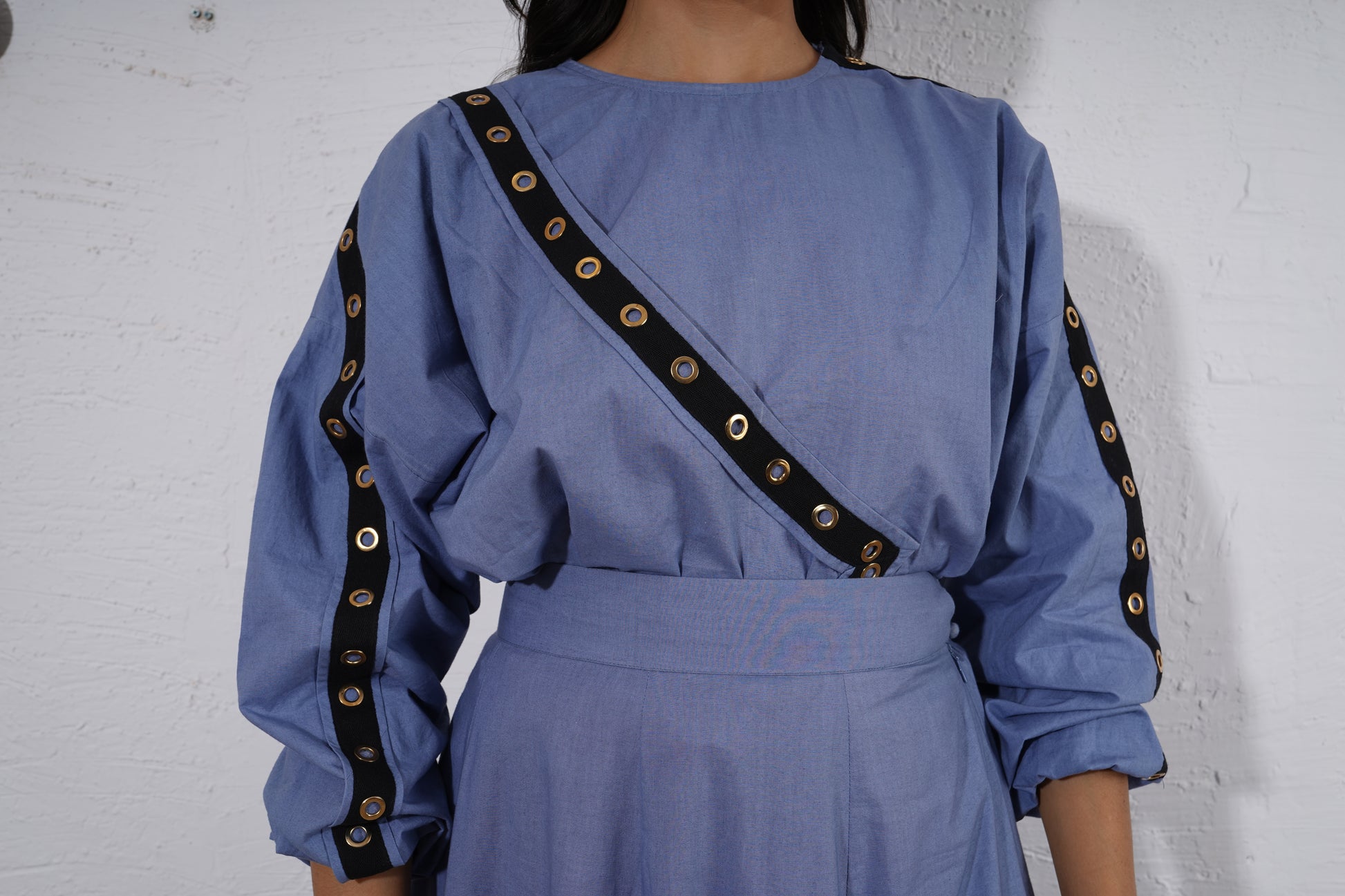 Halo Axis Top : Person wearing a blue outfit with black straps and gold buttons Women Top - near Earth object | Top | Pret Clothes | nEo Clothes