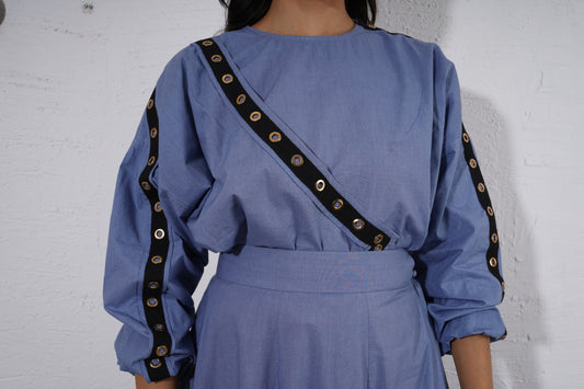 Halo Axis Top : Person wearing a blue outfit with black straps and gold buttons Women Top - near Earth object | Top | Pret Clothes | nEo Clothes