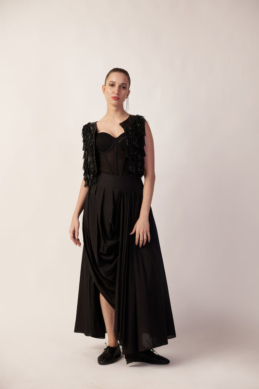 Horizon Draped Skirt : Woman wearing a black pant with a textured vest - near Earth object | Women's Pants | Bottoms | Pret Clothes | nEo Clothes.