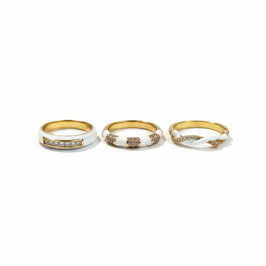 Set of three gold statement rings with baguette and pave detailing – contemporary everyday rings by Near Earth Object.