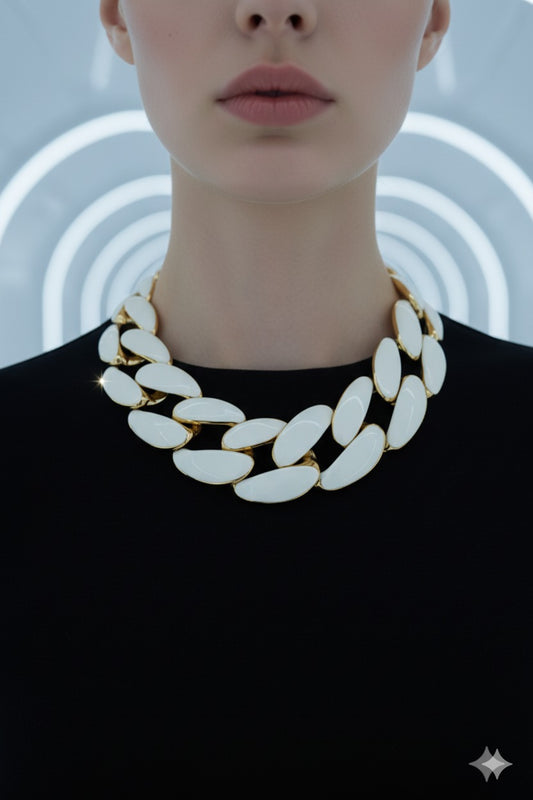Model wearing white marble link necklace with gold accents – bold artistic jewellery by Near Earth Object.