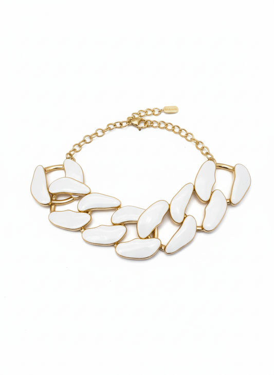 White marble-finish link necklace with gold hardware – sculptural contemporary jewellery by Near Earth Object.
