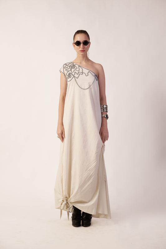 Ivory Wave : Woman wearing a one-shoulder cream dress with lace details - near Earth object | Women Dresses | Pret Clothes | nEo Clothes.