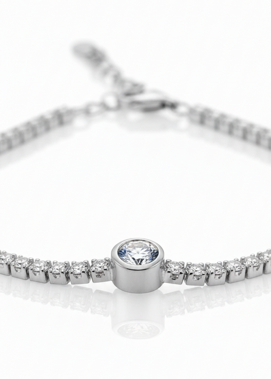 Product close-up showing cubic crystal centerpiece and secure clasp – elegant minimal bracelet design by Near Earth Object.