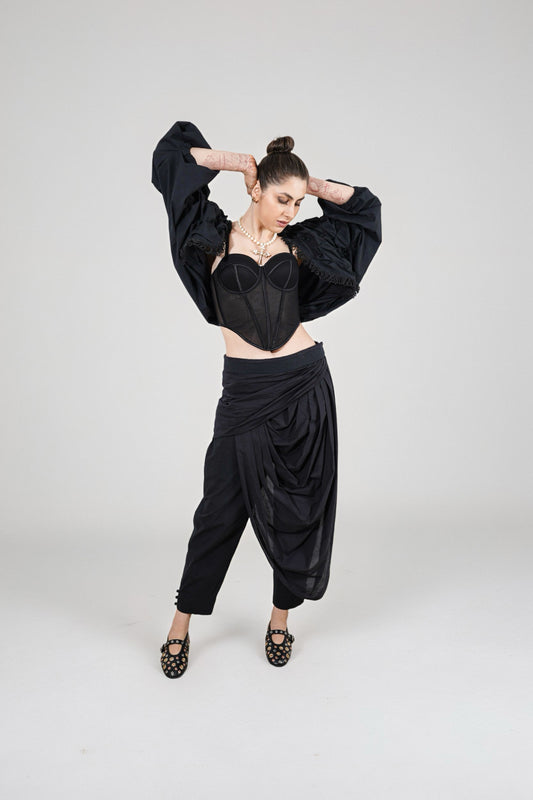 Luna Texture Shrug : Person wearing a black outfit with shrug & top and wide-leg pants - near Earth object | Women's Shrug | Jacket | Pret Clothes | nEo Clothes.