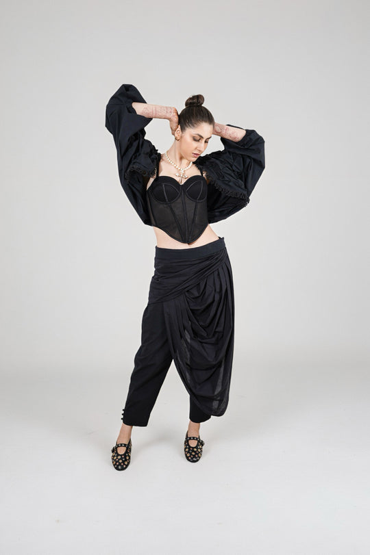 Luna Texture Shrug : Person wearing a black outfit with shrug & top and wide-leg pants - near Earth object | Women's Shrug | Jacket | Pret Clothes | nEo Clothes.