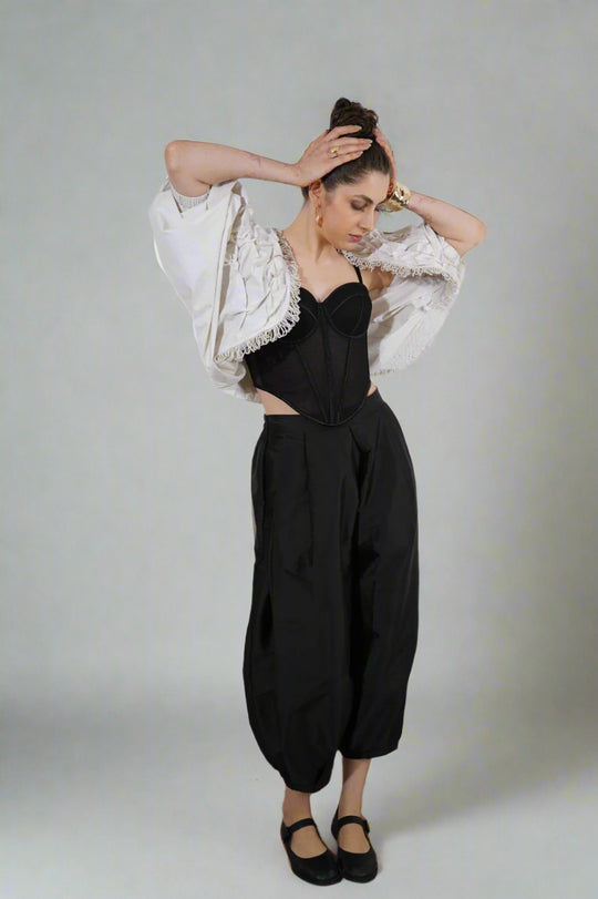 Luna Texture Shrug : Woman wearing a black outfit with a sheer white shrug - near Earth object | Women's Shrug | Jacket | Pret Clothes | nEo Clothes.
