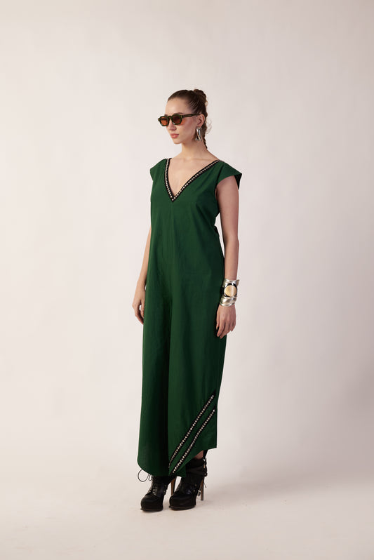 Lunar Drape Jumpsuit : Woman wearing a green dress - near Earth object | Women Jumpsuit | Pret Clothes | nEo Clothes.