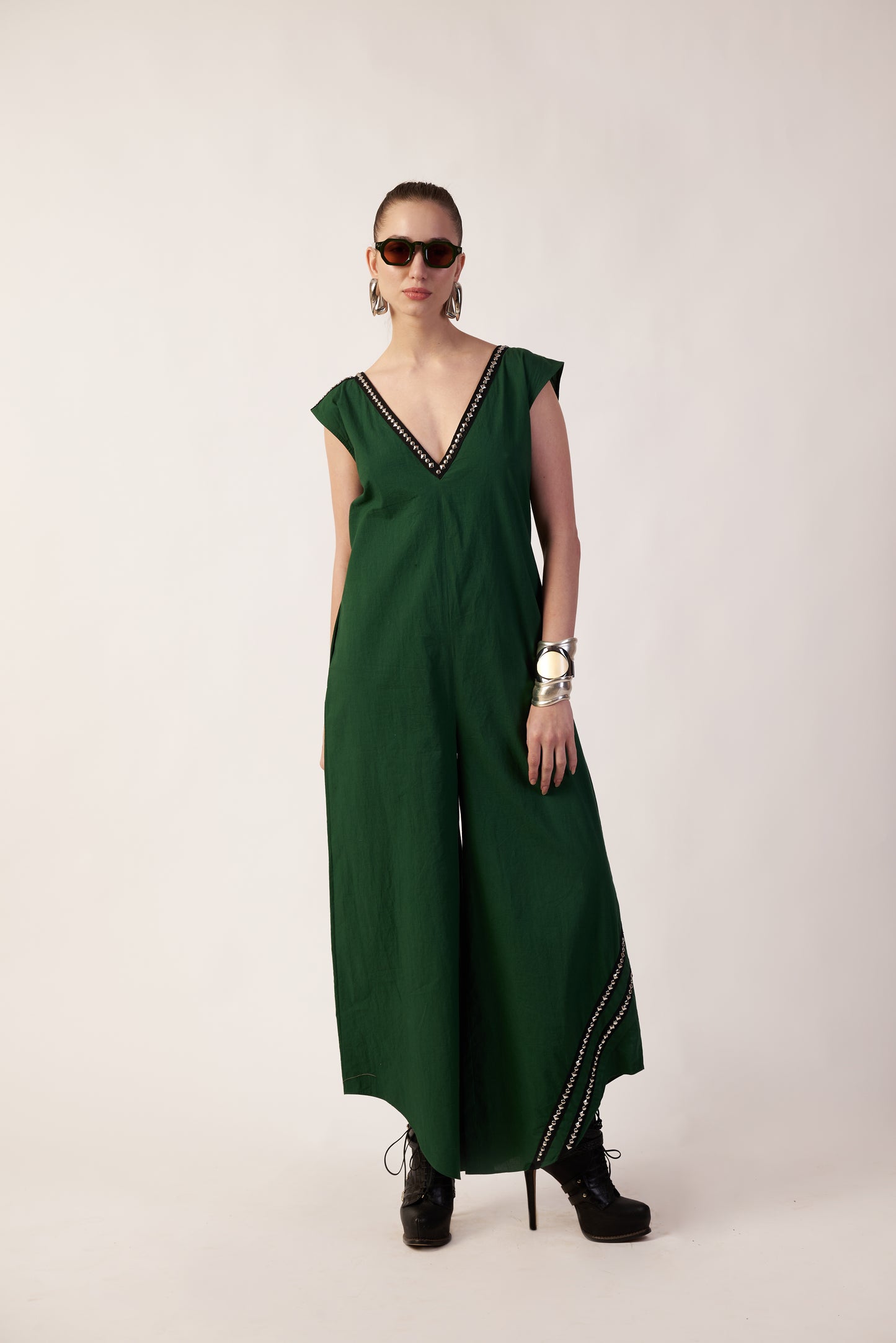Lunar Drape Jumpsuit : Woman wearing a green jumpsuit - near Earth object | Women Jumpsuit | Pret Clothes | nEo Clothes.
