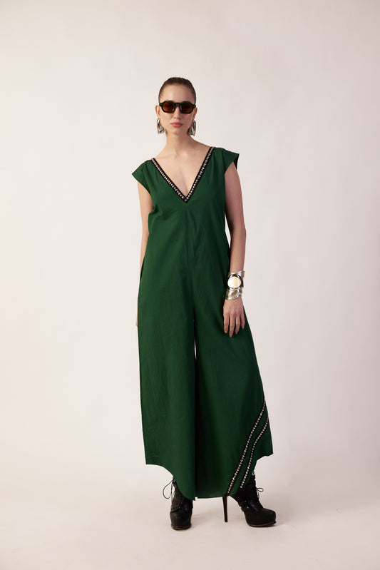 Lunar Drape Jumpsuit : Woman wearing a green jumpsuit - near Earth object | Women Jumpsuit | Pret Clothes | nEo Clothes.