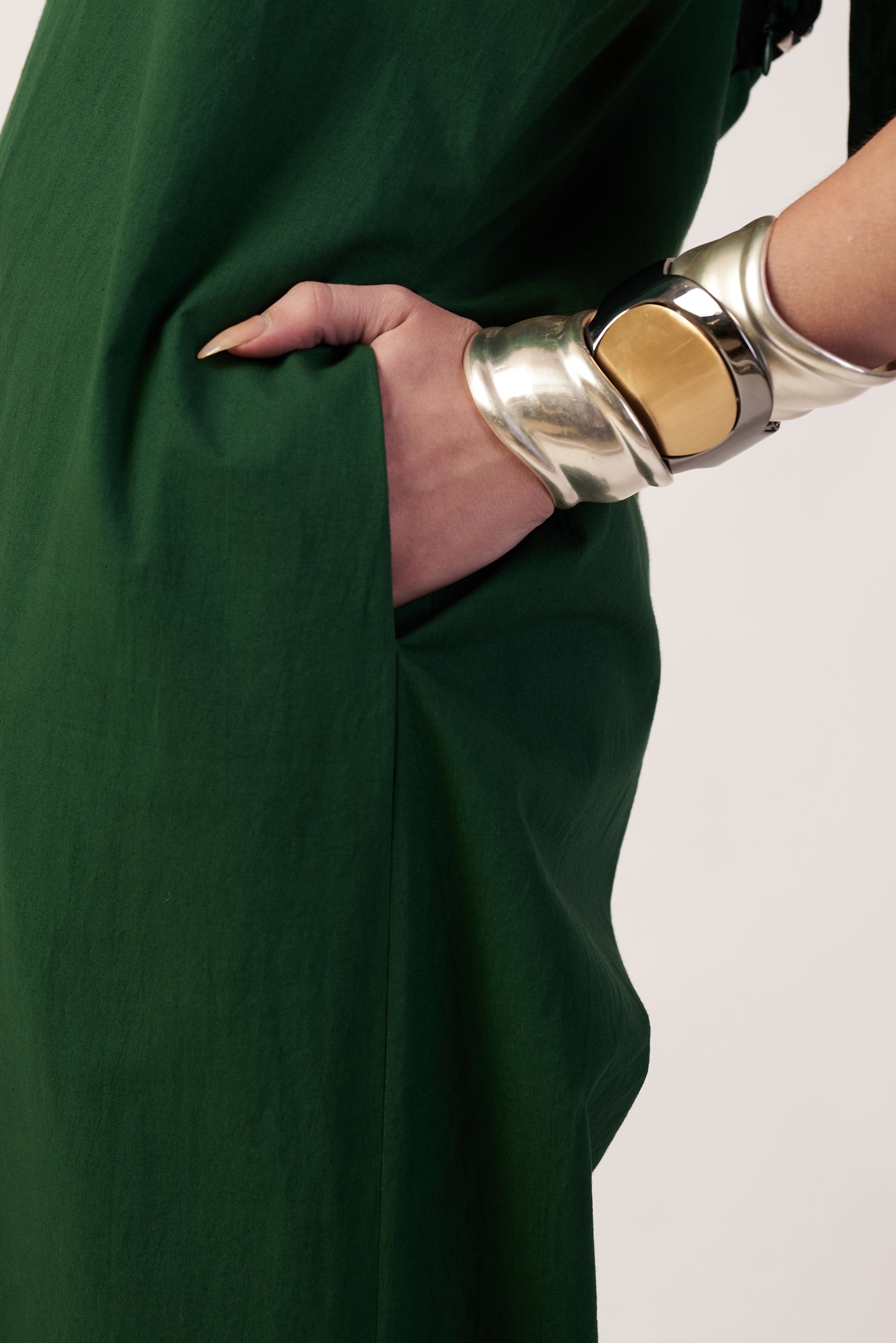 Lunar Drape Jumpsuit : Green dress with gold and silver cuff  | Women Jumpsuit | Pret Clothes | nEo Clothes.