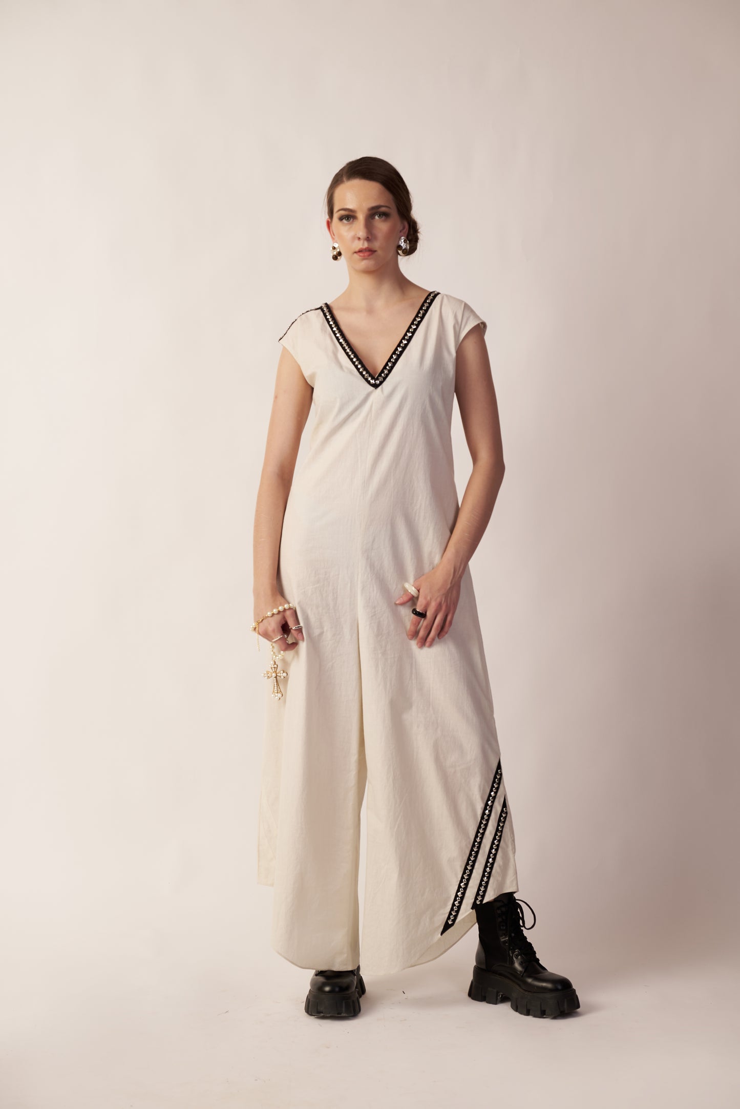 Lunar Drift Dress : Woman wearing a white dress with black accents - near Earth object | Women Jumpsuit | Pret Clothes | nEo Clothes.