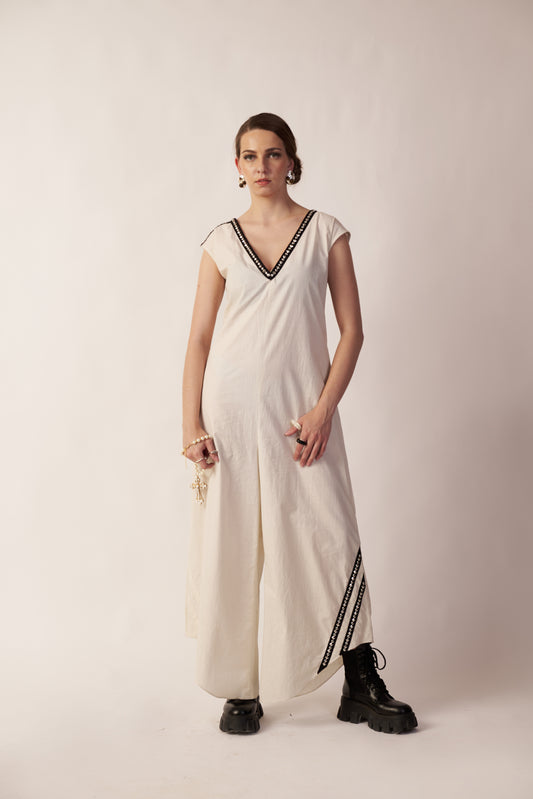 Lunar Drift Dress : Woman wearing a white dress with black accents - near Earth object | Women Jumpsuit | Pret Clothes | nEo Clothes.