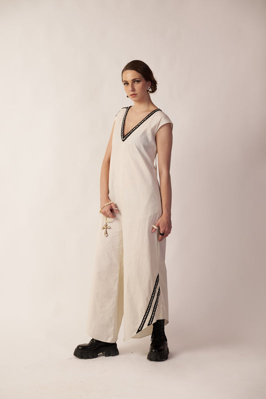 Lunar Drift Dress : Woman wearing a white jumpsuit with black accents - near Earth object | Women Jumpsuit | Pret Clothes | nEo Clothes.