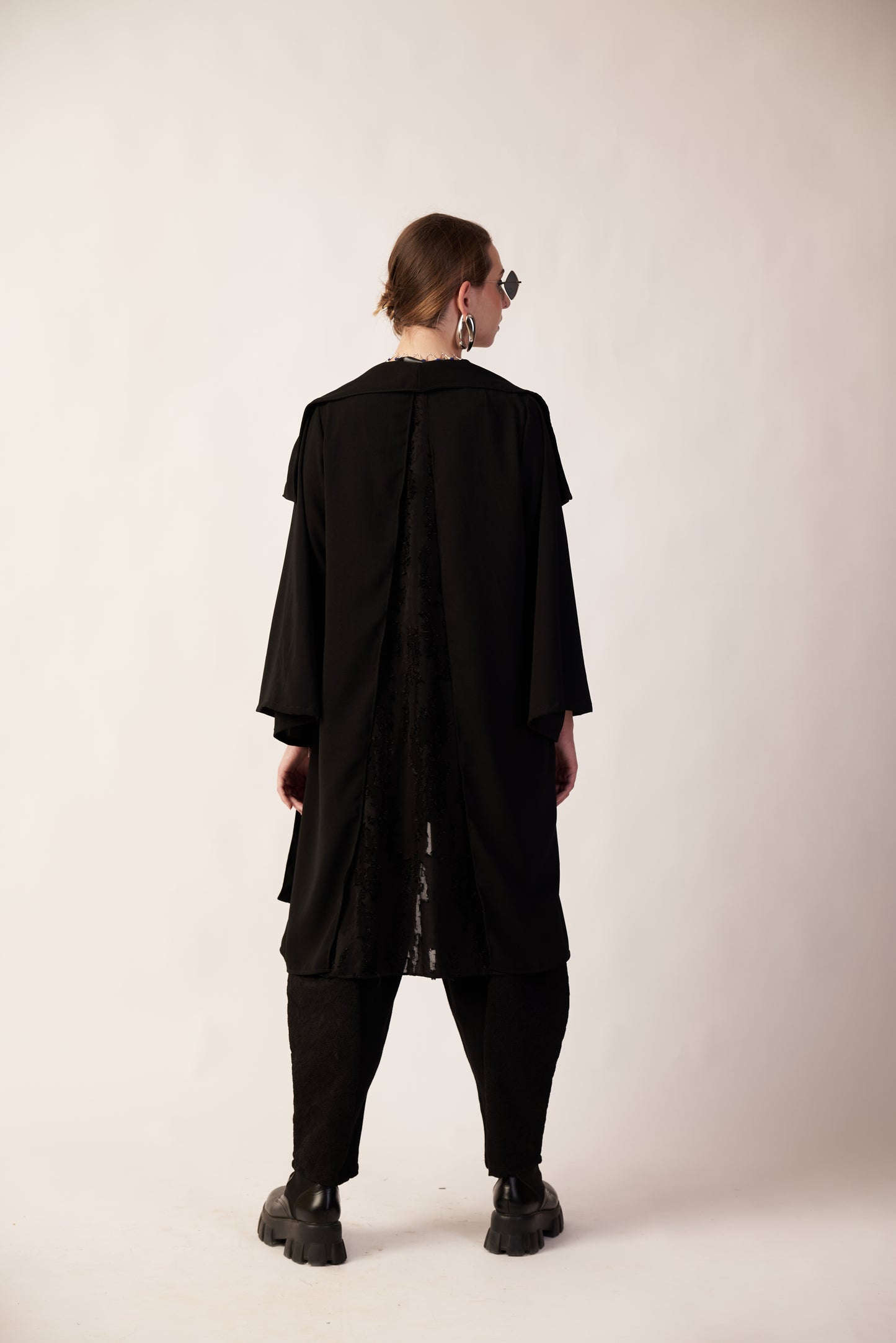 Lunar Eclipse Set : Person wearing a black outfit with a long coat and pants - near Earth object  | Women Co-ord Set | Pret Clothes | nEo Clothes.
