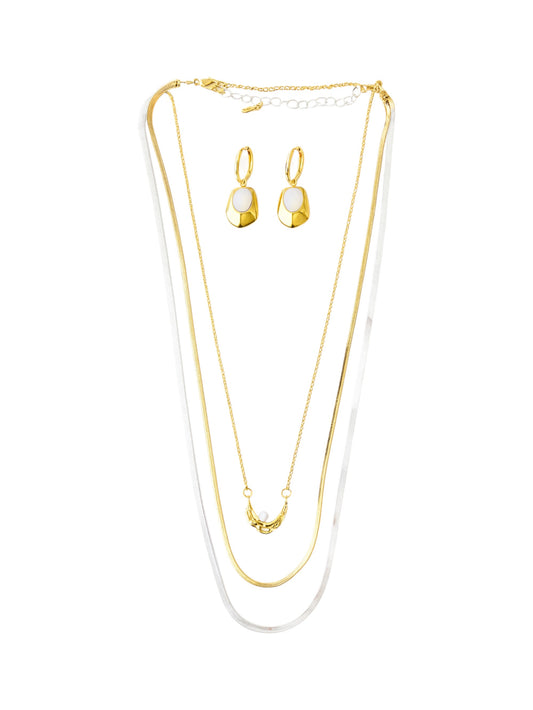 Gold layered necklace set with matching sculptural drop earrings – contemporary coordinated jewellery by Near Earth Object.