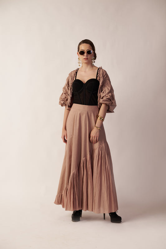 Lunar Ripple Skirt : Woman wearing a black top and long beige skirt - near Earth object | Women's Skirt | Bottoms | Pret Clothes | nEo Clothes.