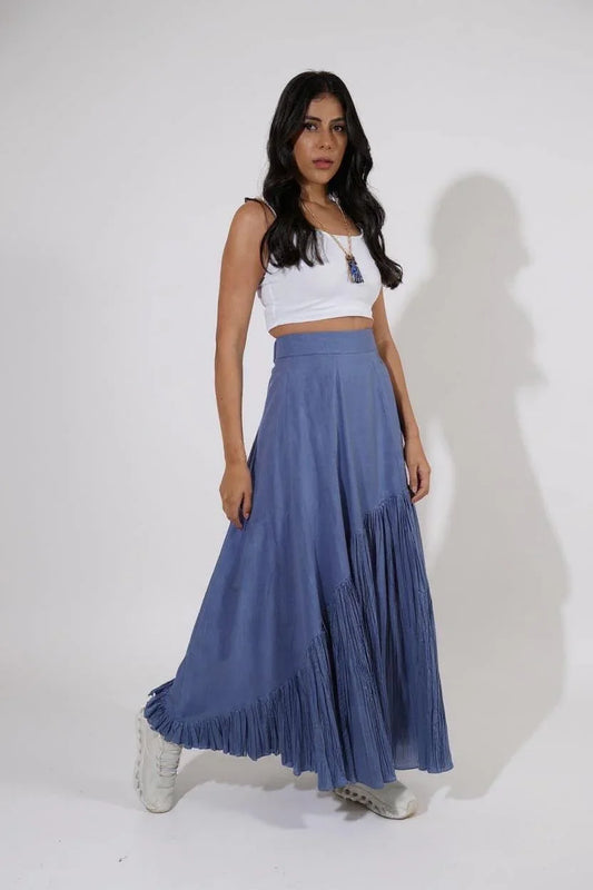 Lunar Tide Skirt : Woman wearing a white top and blue pleated skirt - near Earth object  | Women's Skirt | Bottoms | Pret Clothes | nEo Clothes.