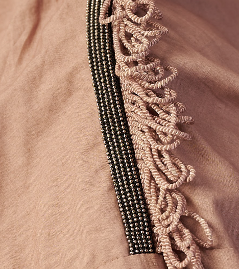 Lunar Trail Set Close-up of decorative trim with beads and braided pattern on a beige fabric - near Earth object | Women’s co-ord set | Pret Clothes | nEo clothes 