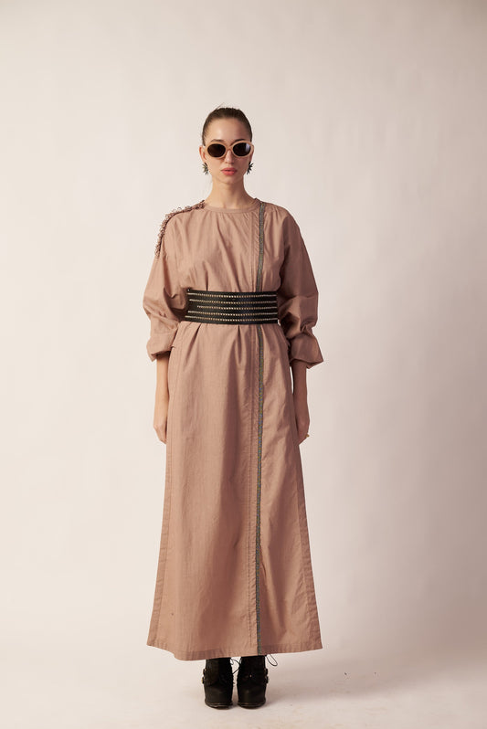 Lunar Trail Set : Woman wearing a long beige dress with a belt - near Earth object | Women’s co-ord set | pret clothes | nEo clothes