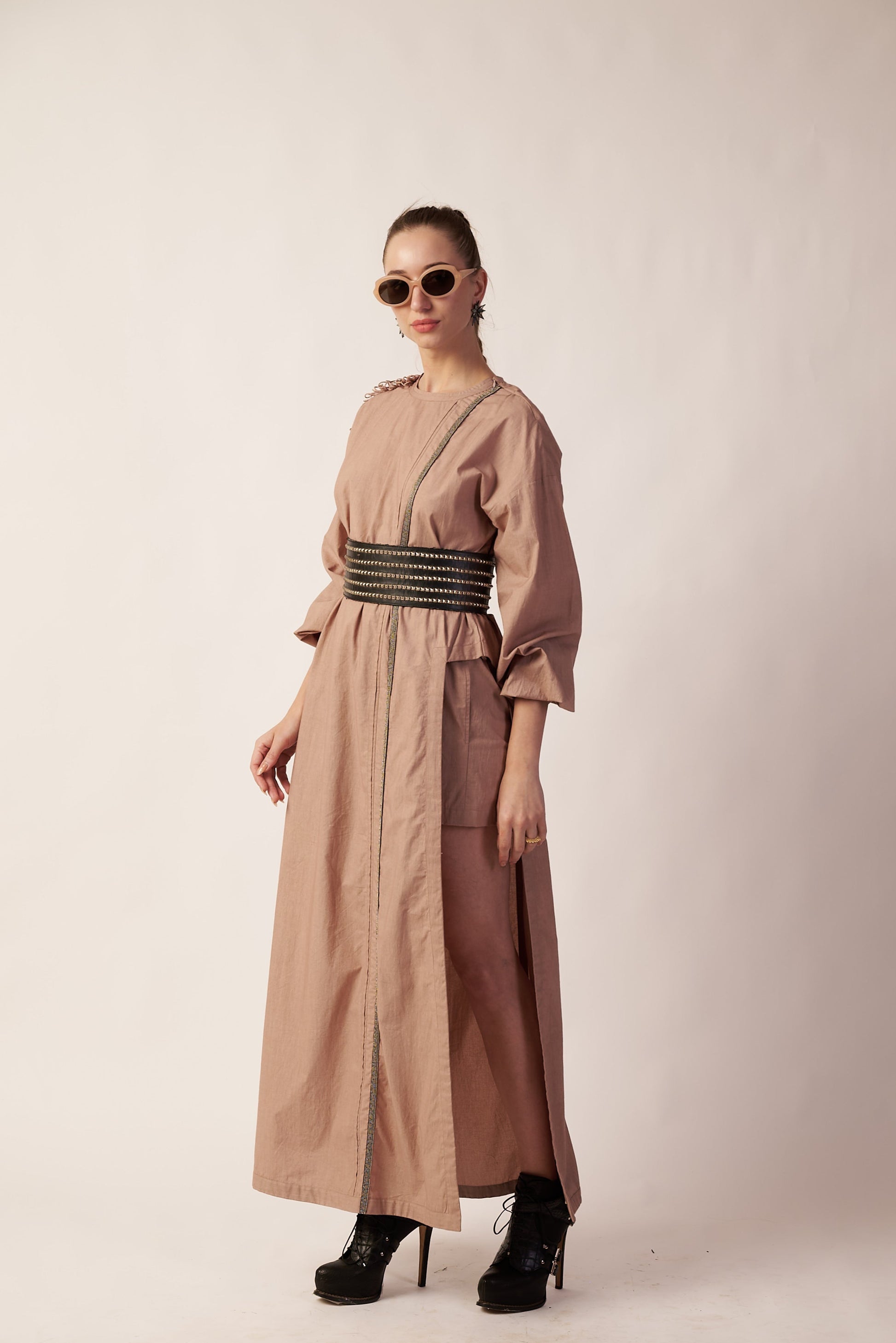 Lunar Trail Set : Woman wearing a long beige dress with a belt - near Earth object | Women’s co-ord set | pret clothes | nEo clothes
