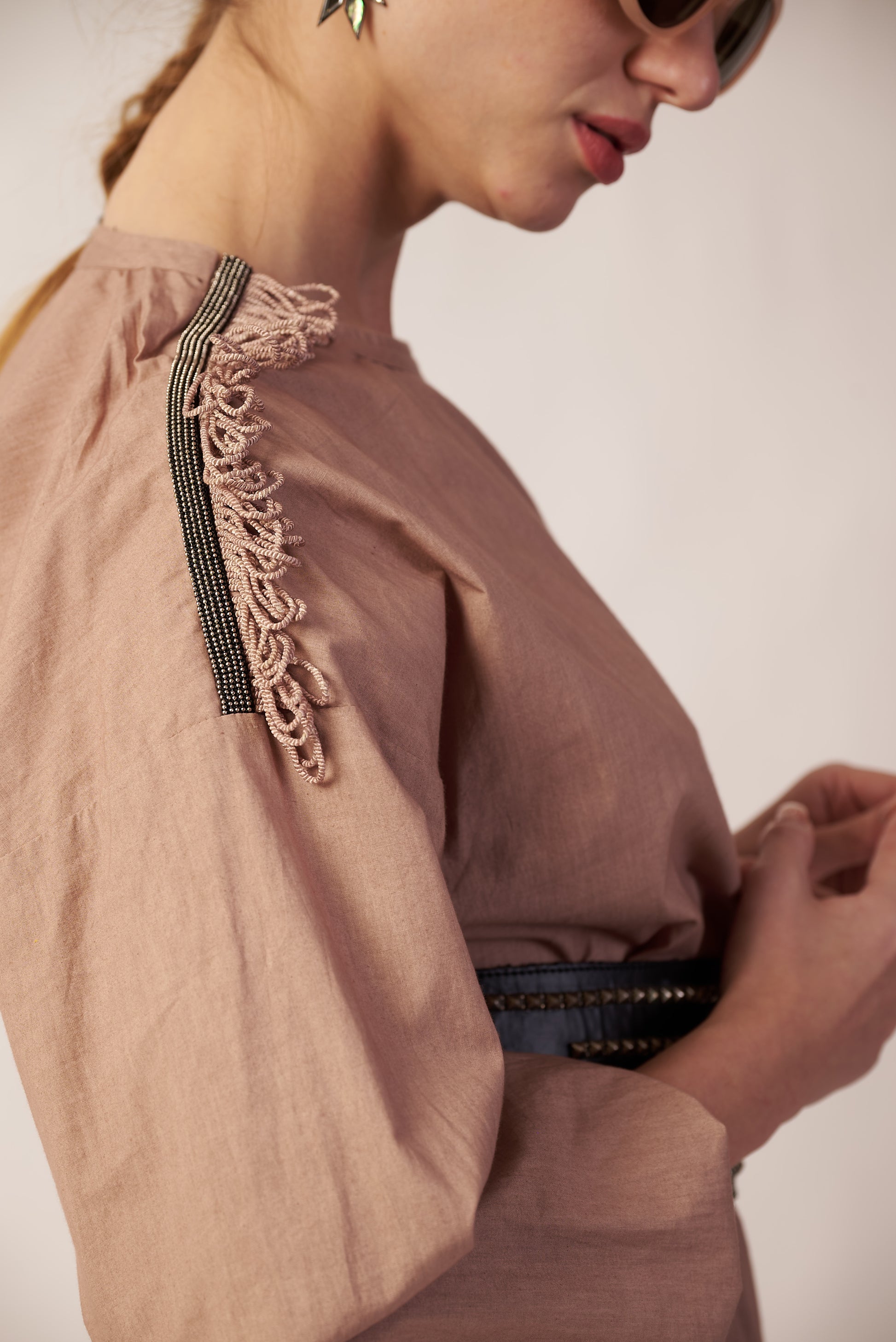 Lunar Trail Set : Close-up of a person wearing a brown blouse with decorative trim - near Earth object | pret clothes | nEo clothes