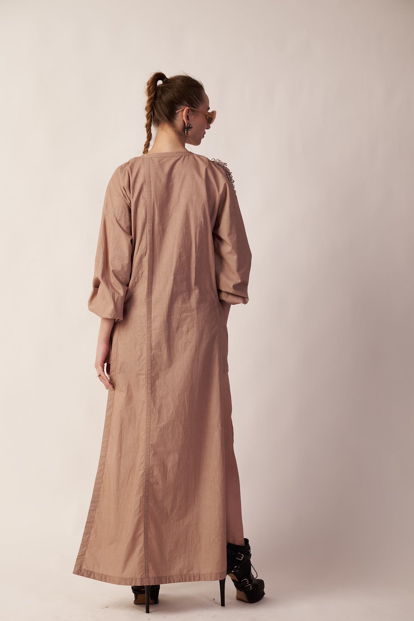 Lunar Trail Set : Woman wearing a long beige dress against - near Earth object | Women’s co-ord set | pret clothes | nEo clothes