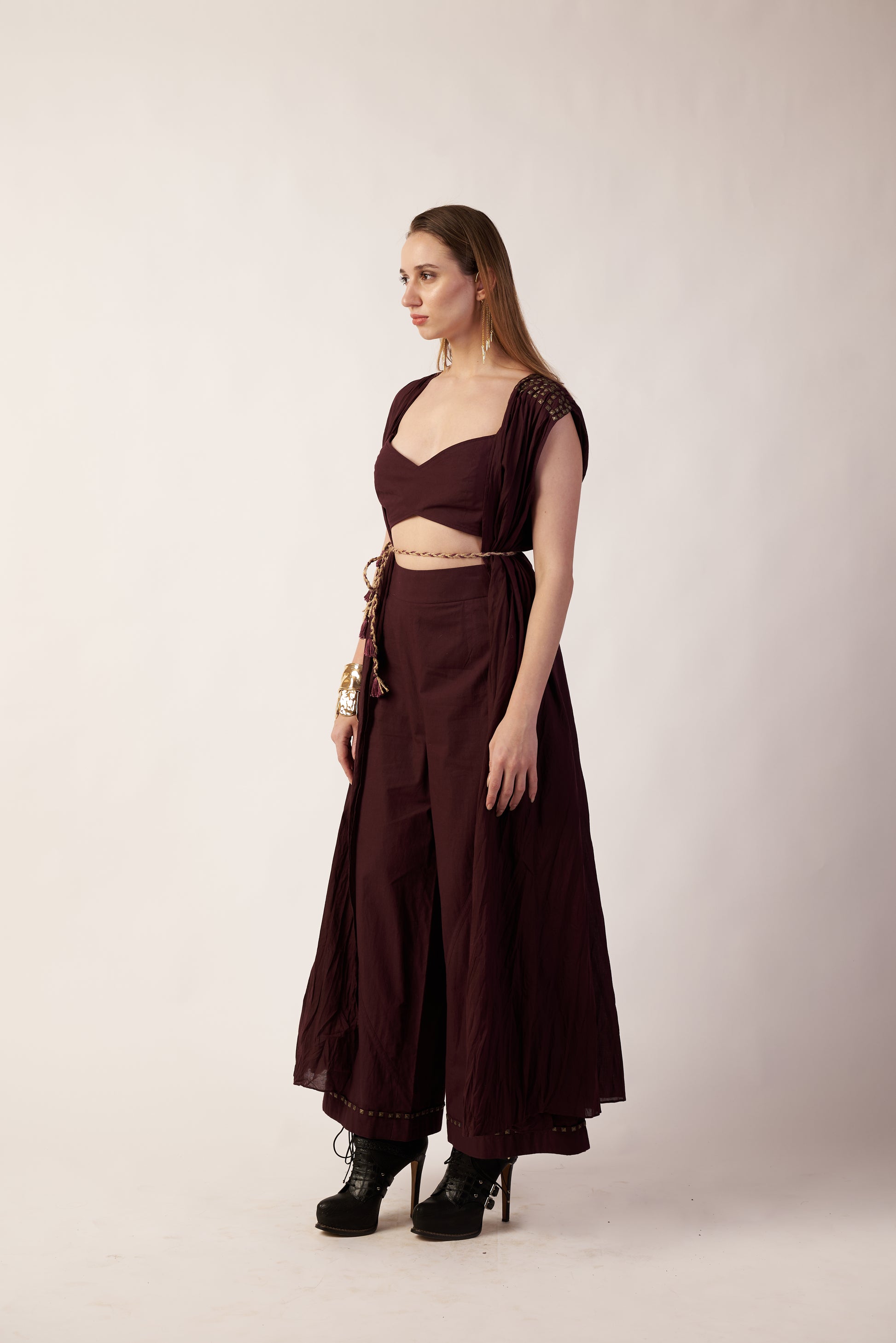 Meteor Ember Co-ord Set : Woman wearing a dark Coca Cola color set with a top and long pants. Near Earth Object | pret Clothes | nEo Clothes