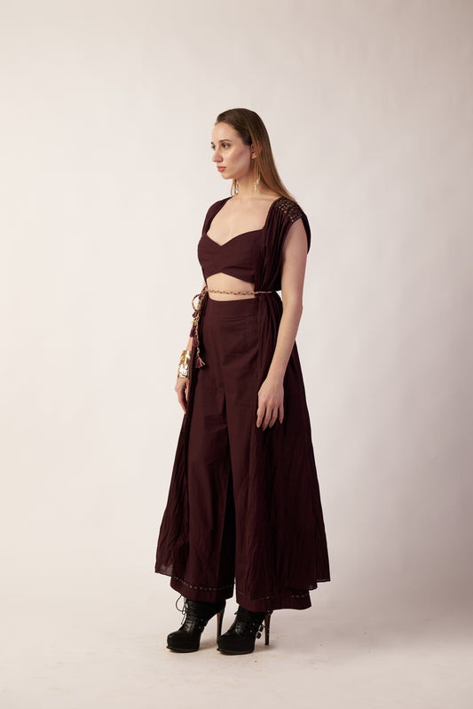 Meteor Ember Co-ord Set : Woman wearing a dark Coca Cola color set with a top and long pants. Near Earth Object | pret Clothes | nEo Clothes