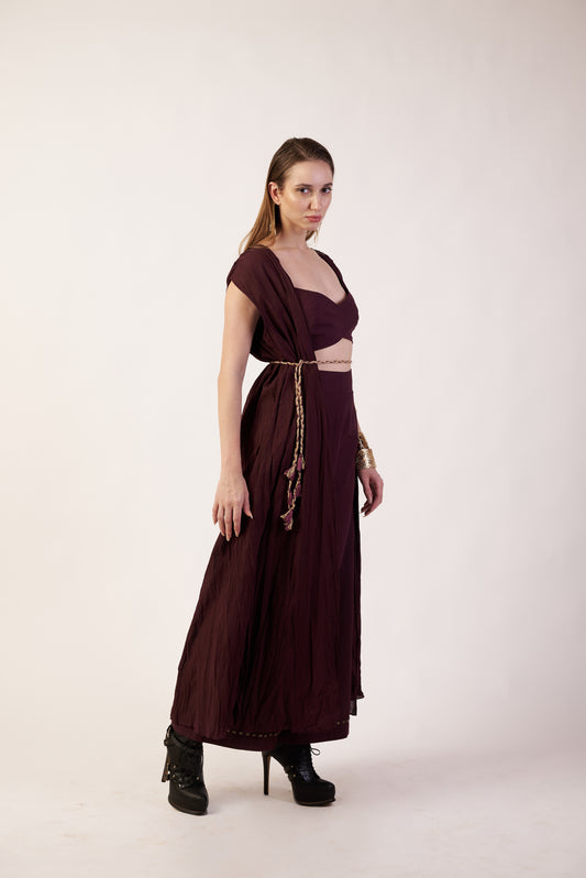 Meteor Ember Co-ord Set : Woman wearing a burgundy dress. Near Earth Object | Women Co-ord Set | pret Clothes | nEo Clothes