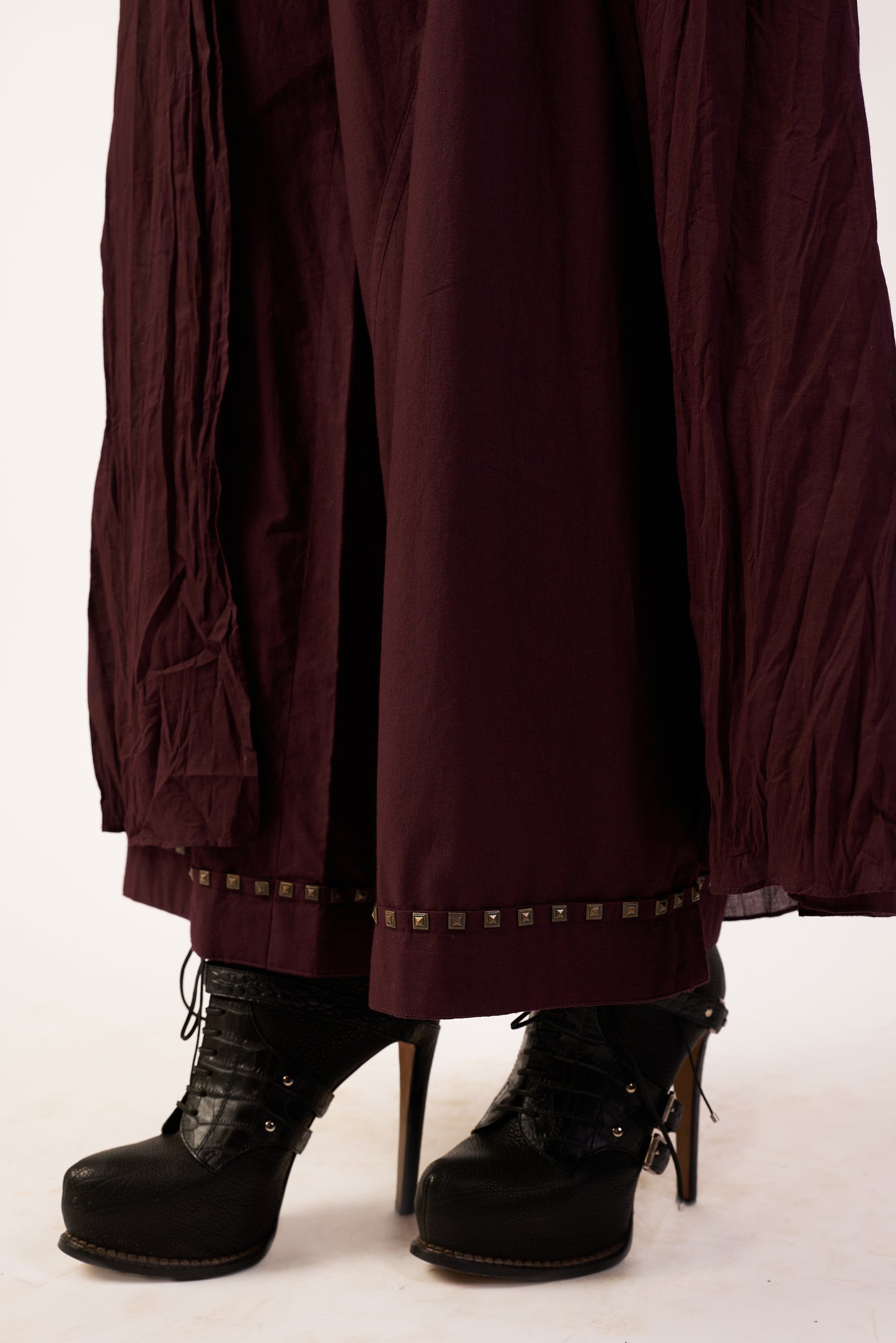 Meteor Ember Co-ord Set : Women wearing a long burgundy Co-ord Set with high-heeled black shoes, Near Earth Object | Women Co-ord set Clothes | pret Clothes | nEo Clothes