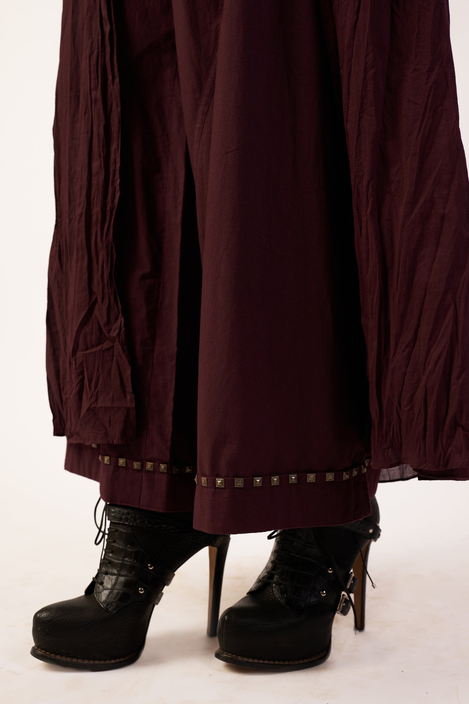 Meteor Ember Co-ord Set : Women wearing a long burgundy Co-ord Set with high-heeled black shoes, Near Earth Object | Women Co-ord set Clothes | pret Clothes | nEo Clothes