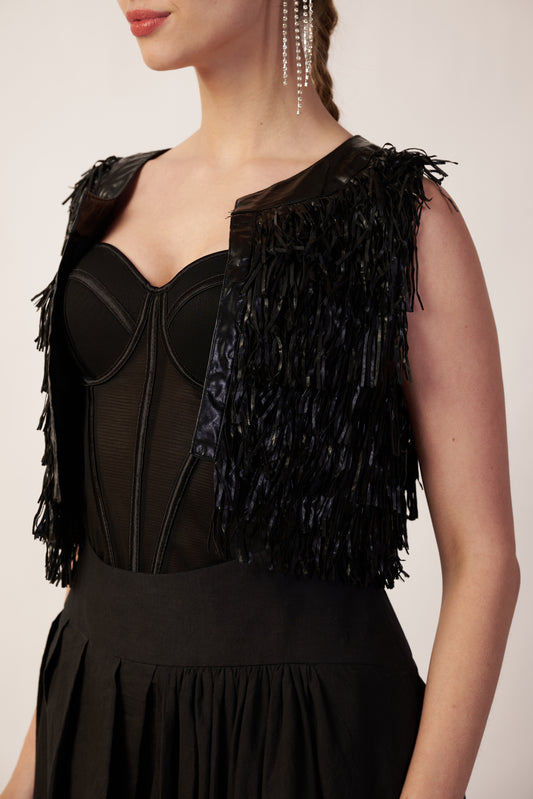 Meteor Shower Jacket : Black fringe vest over a black dress - near Earth object | Women's Jacket | Camisole & Overlay | Pret Clothes | nEo Clothes.