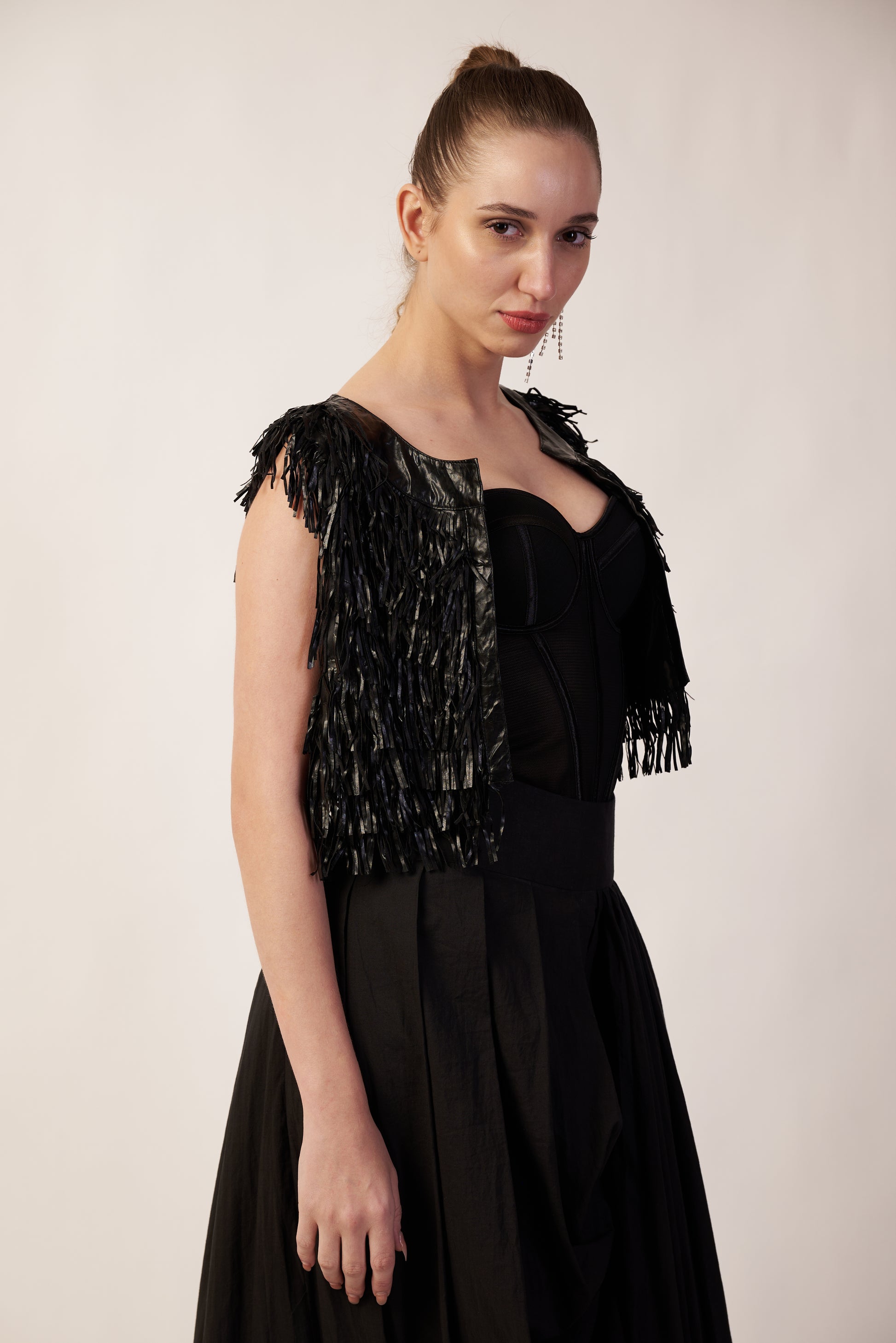 Meteor Shower Jacket : Woman wearing a black dress with a patterned top jacket - near Earth object | Women's Jacket | Camisole & Overlay | Pret Clothes | nEo Clothes.