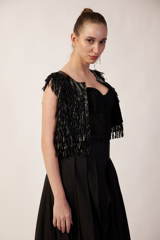 Meteor Shower Jacket : Woman wearing a black dress with a patterned top jacket - near Earth object | Women's Jacket | Camisole & Overlay | Pret Clothes | nEo Clothes.