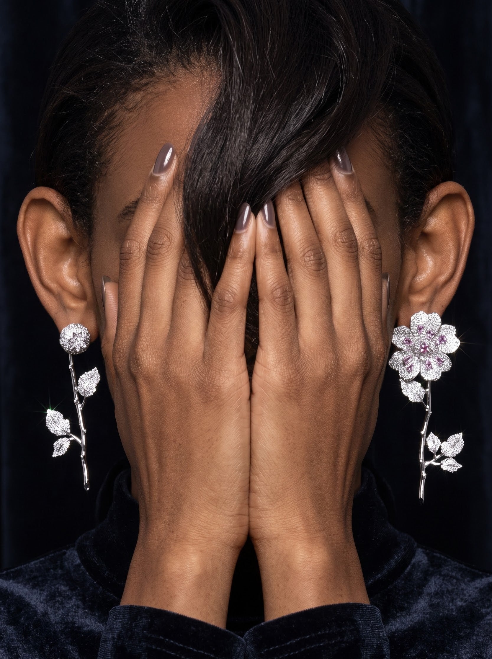 A close-up portrait of a model with hands over their face, wearing a pair of silver floral drop earrings with clear stones and a matching silver branch earring, set against a dark navy velvet background.
