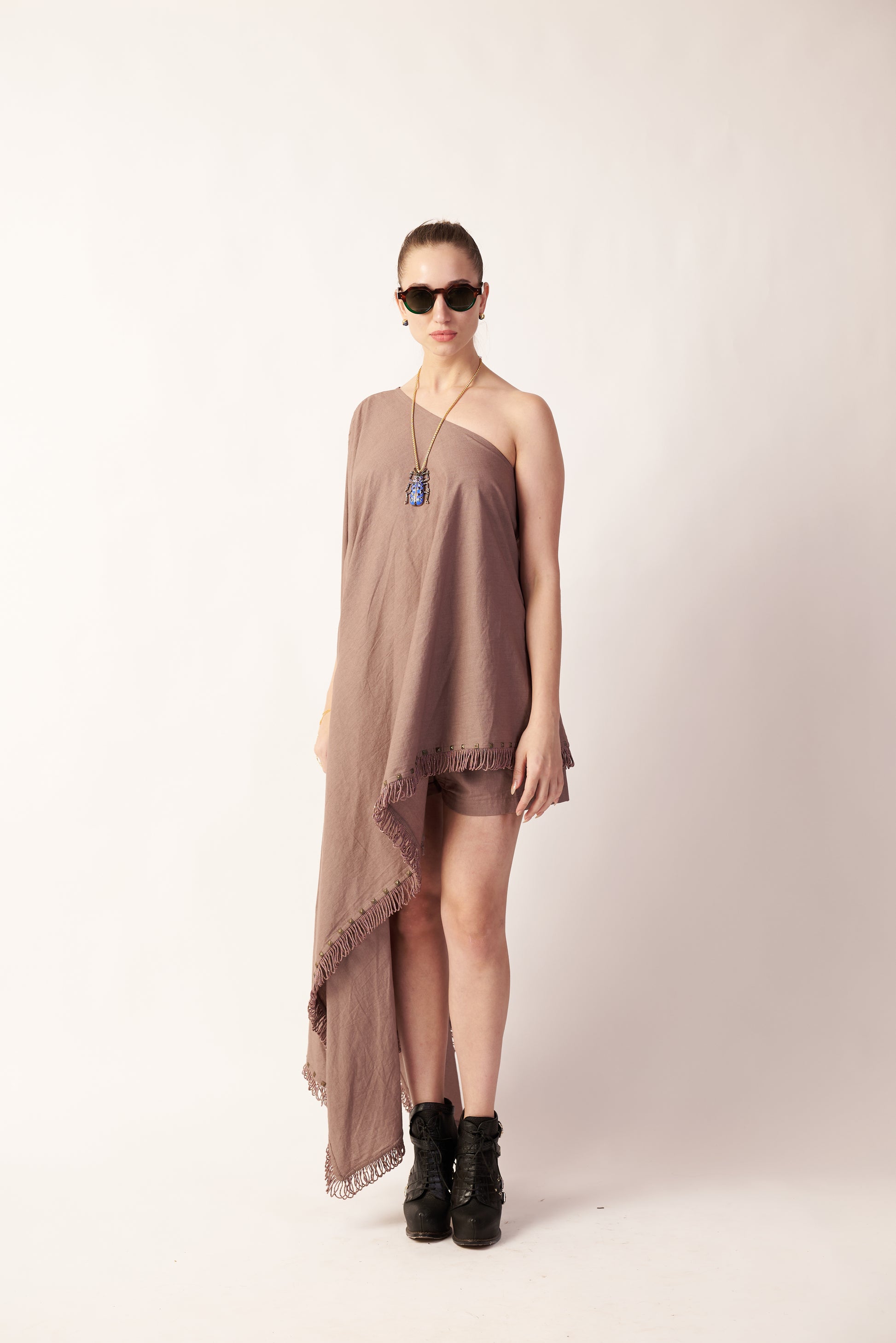 Moondust Mirage : Woman wearing a one-shoulder dress and boots - near Earth object | Women Co-ord Set | Pret Clothes | nEo Clothes.