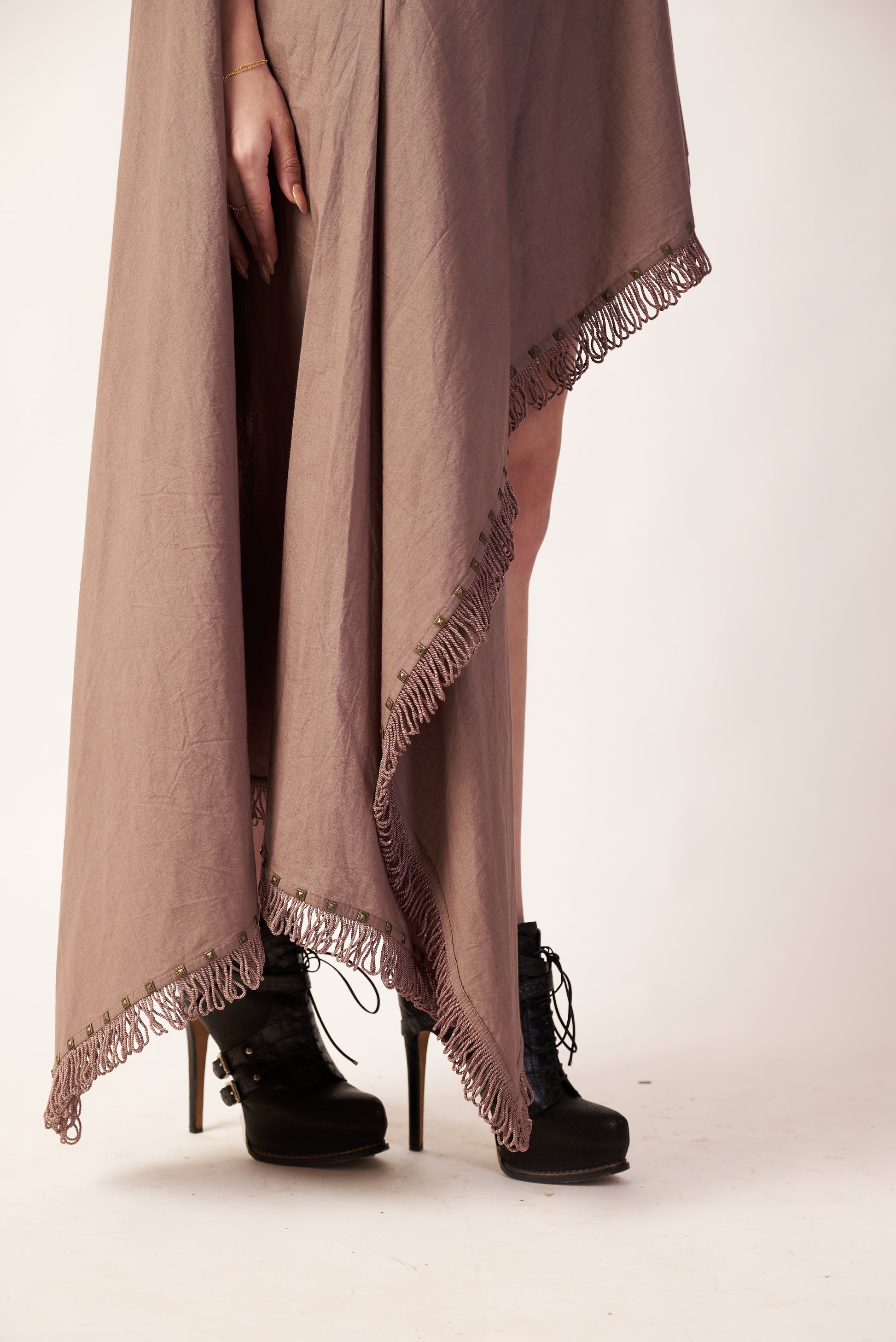 Moondust Mirage : Beige fringe garment with black high-heeled boots - near Earth object  | Women Co-ord Set | Pret Clothes | nEo Clothes.