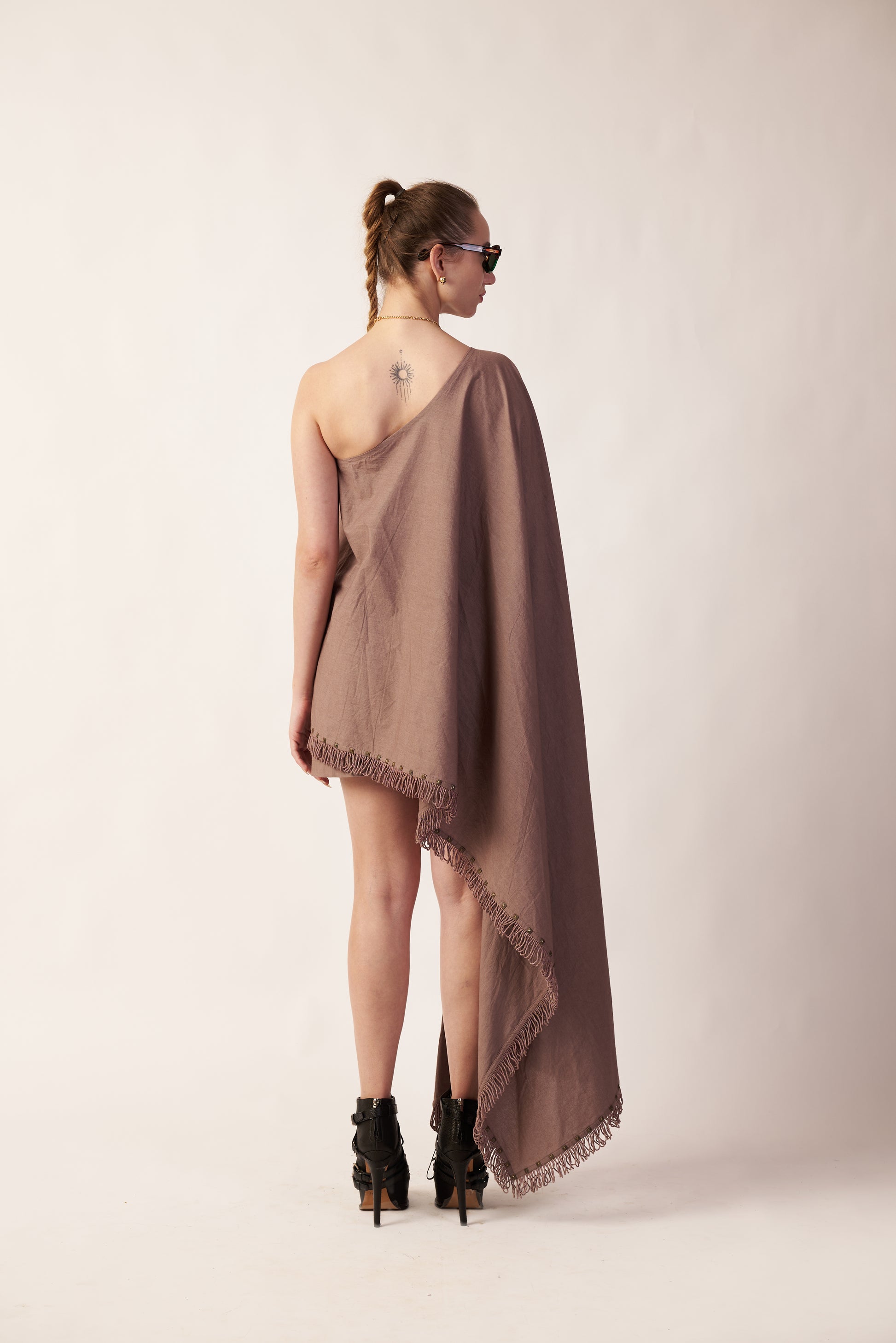 Moondust Mirage : Woman wearing a beige one-shoulder dress with a matching shawl - near Earth object | Women Co-ord Set | Pret Clothes | nEo Clothes.