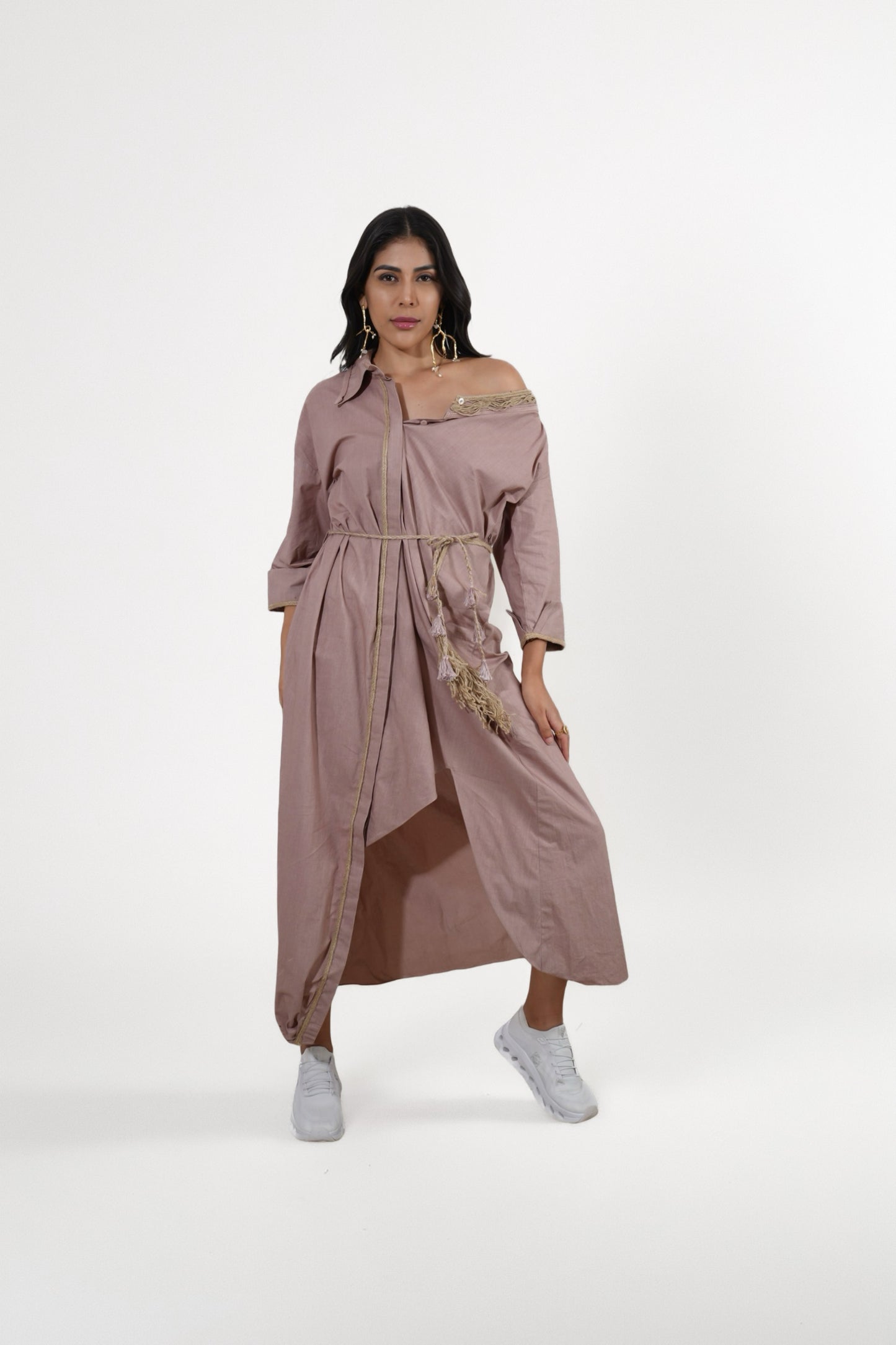 Moonpetal Dress : Woman wearing a long, beige dress with floral details - near Earth object | Women Dresses | Pret Clothes | nEo Clothes