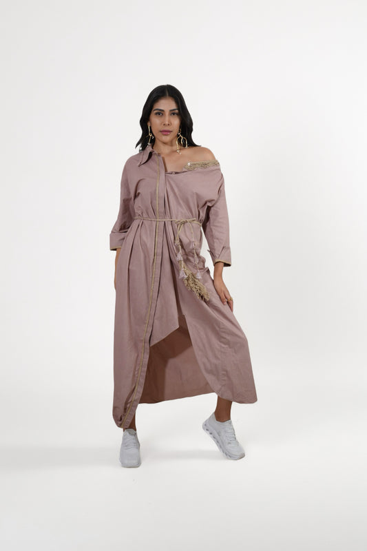 Moonpetal Dress : Woman wearing a long, beige dress with floral details - near Earth object | Women Dresses | Pret Clothes | nEo Clothes