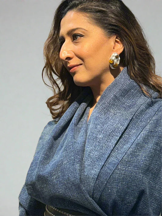 Nebula Cape : Woman wearing a blue outfit | Women's Jacket - near Earth object | Camisole & Overlay | Pret Clothes | nEo Clothes.