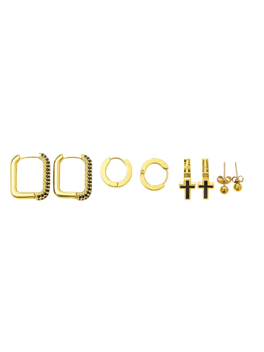 Gold mixed earring set featuring square hoops, round hoops, mini cross studs and classic ball studs – modern versatile jewellery collection by Near Earth Object.