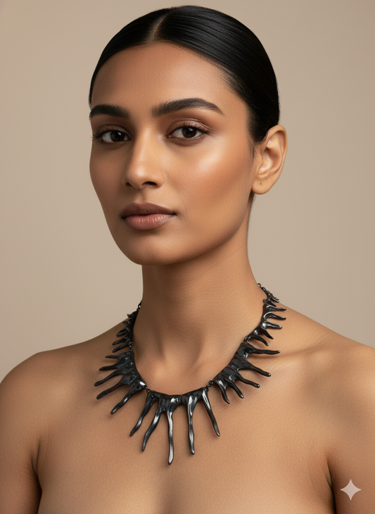Model wearing black sculptural spike necklace – bold artistic jewellery by Near Earth Object.