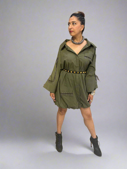 Olive Orbit Shift : Woman wearing olive green shirt dress with wide sleeves, stitched detailing, black and gold studded belt, and ankle boots — edgy designer outfit styled with silver jewelry - near Earth object | Women's Dress | Pret Clothes | Asymmetrical Dress | nEo Clothes