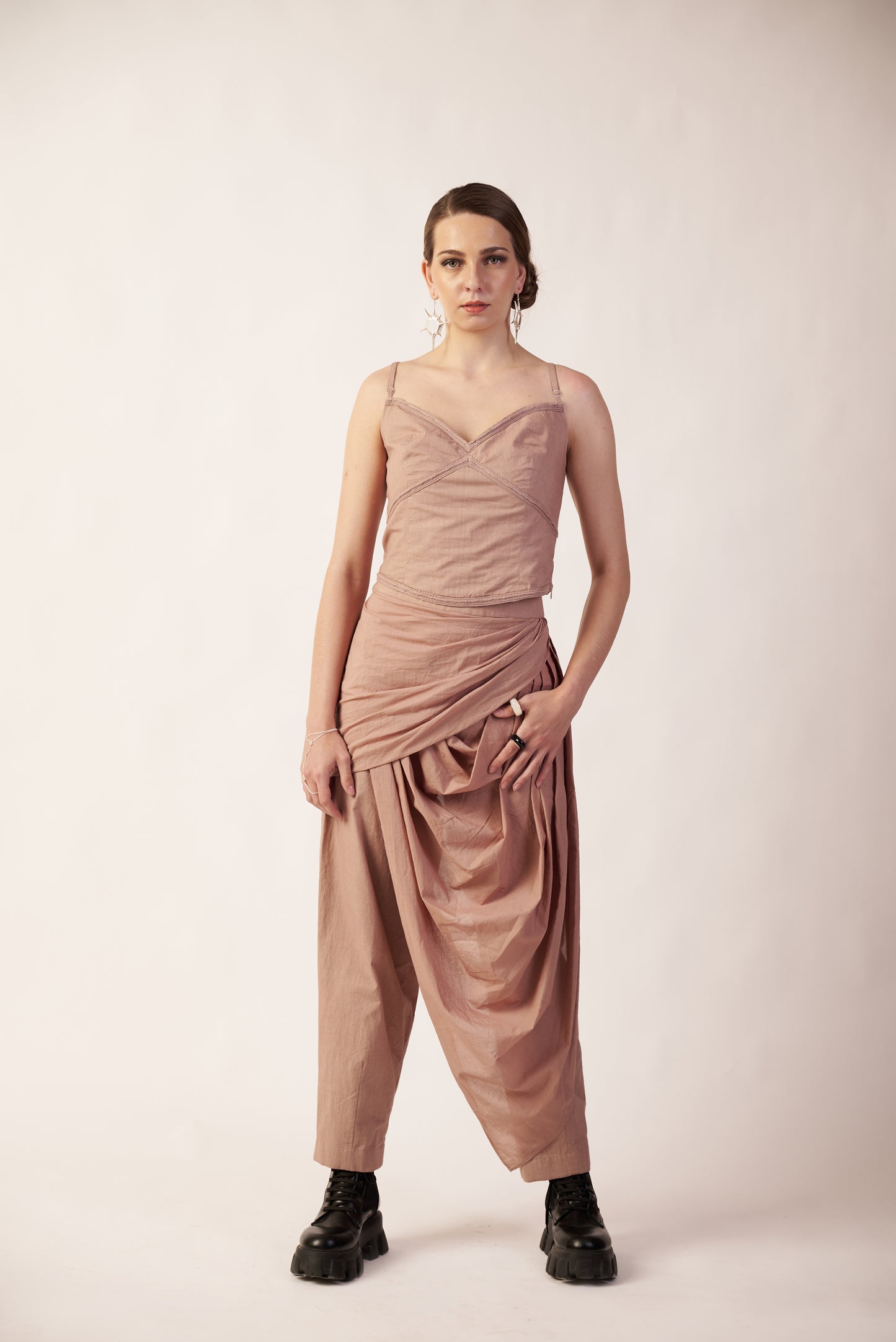Woman wearing a beige Orbit Cascade Co-Ord Set dress with a draped design | Women Co-ord Set | pret Clothes | nEo Clothes