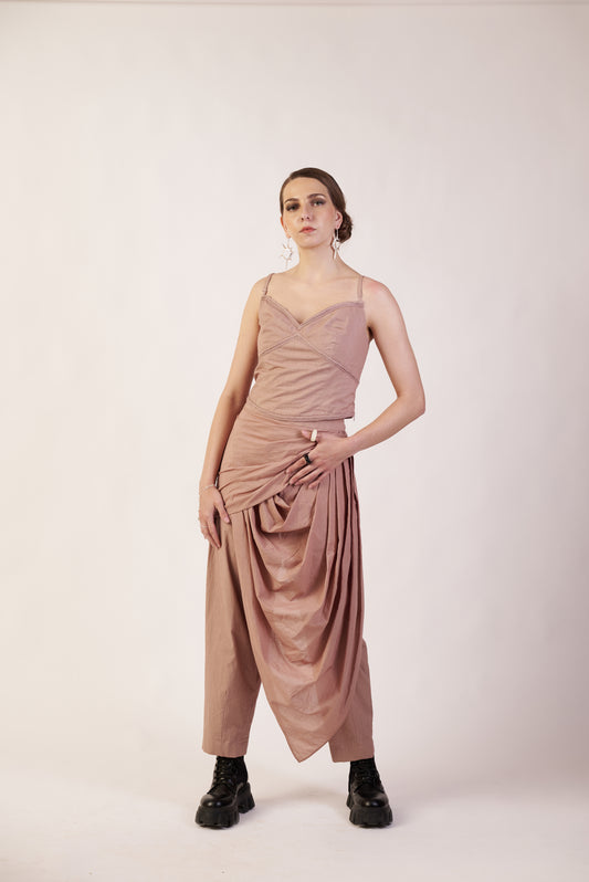 Orbit Cascade Pant : Woman wearing a beige dress with a draped design pant - near Earth object | Women's Top | Tops | Pret Clothes | nEo Clothes.