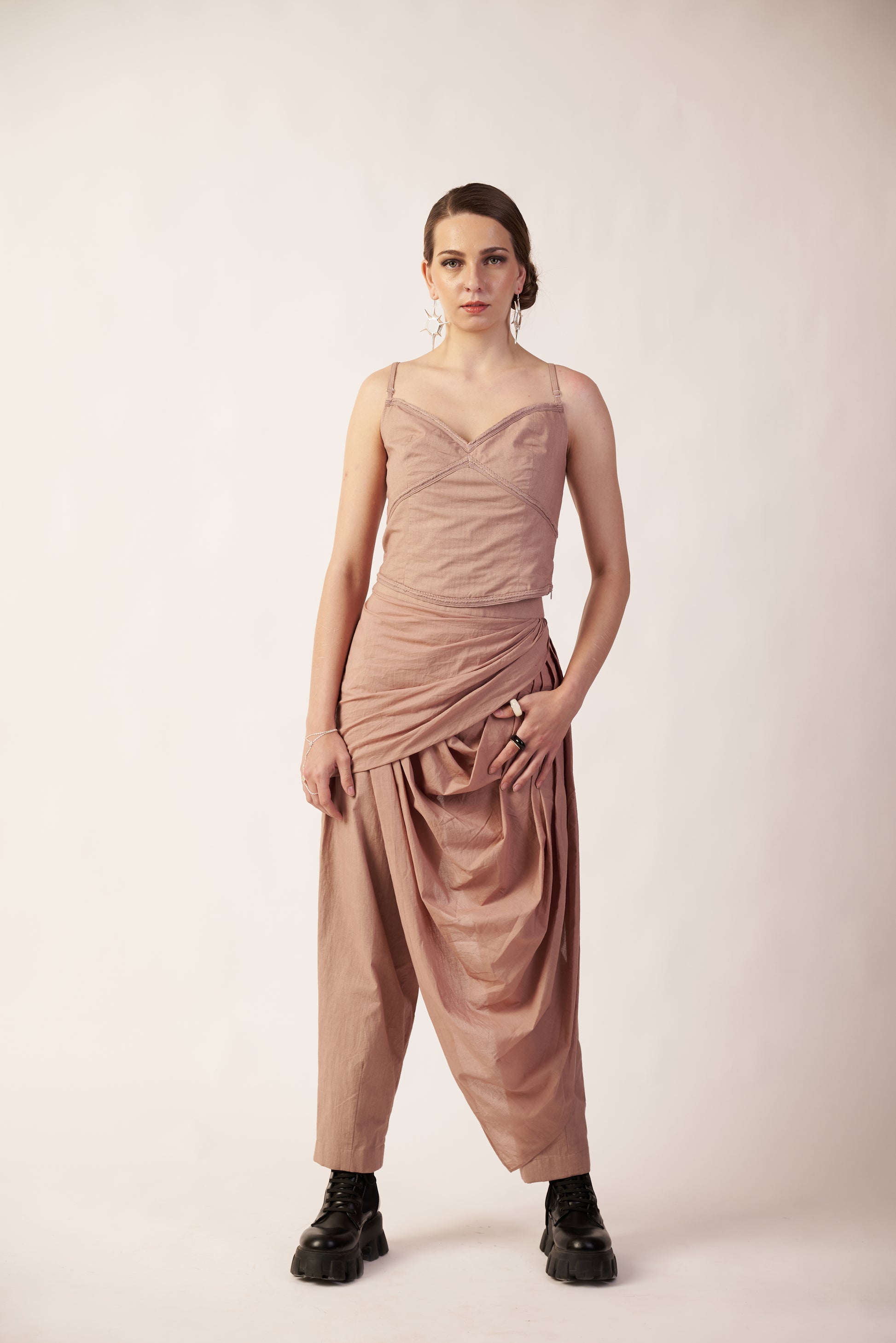 Orbit Cascade Top : Woman wearing a beige pant with a draped design - near Earth object | Women's Top | Top | Pret Clothes | nEo Clothes.