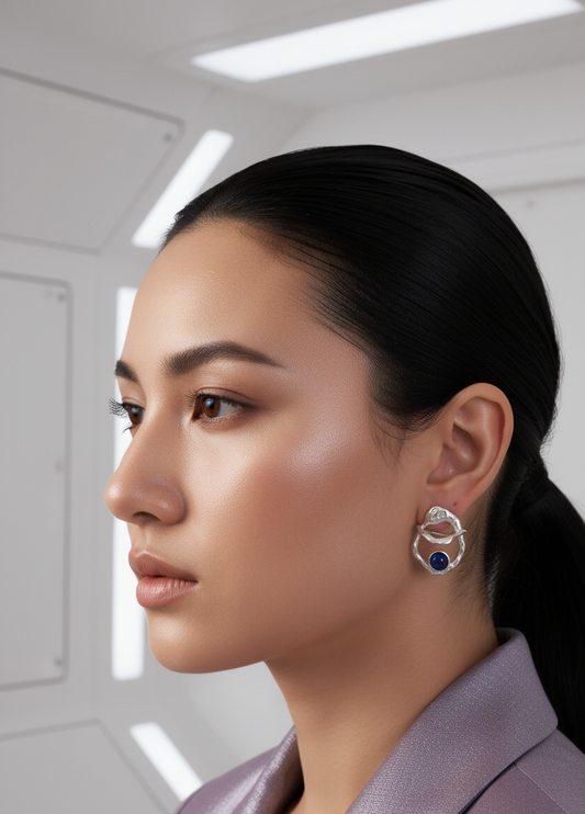 Model wearing silver orbit earrings with dark stone center – futuristic luxury jewellery by Near Earth Object.