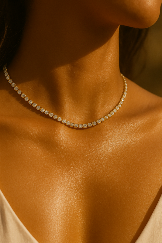 Model wearing gold full-crystal necklace styled with eveningwear — elegant luxury jewellery by Near Earth Object.